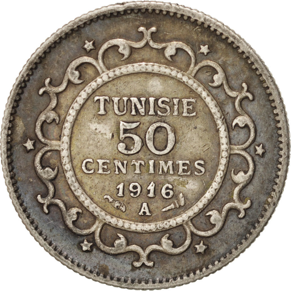 Tunisia, Muhammad al-Nasir Bey, 50 Centimes, 1916,Paris,EF(40-45),Silver,KM 237