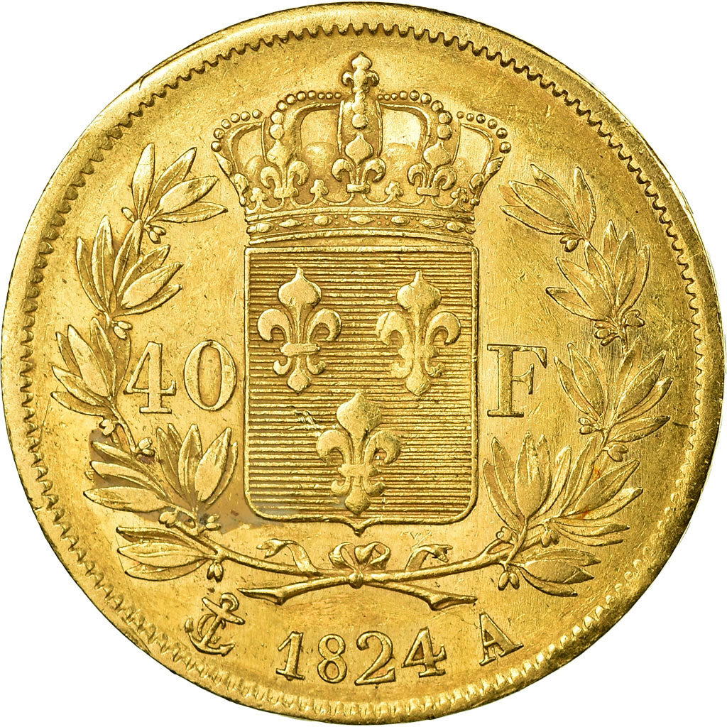Moneta, Francia, Charles X, 40 Francs, 1824, Paris, MB+, Oro, KM:721.1