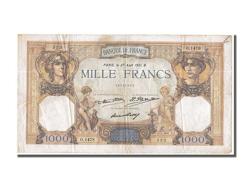 Billete, Francia, 1000 Francs, 1 000 F 1927-1940 ''Cérès et Mercure'', 1931