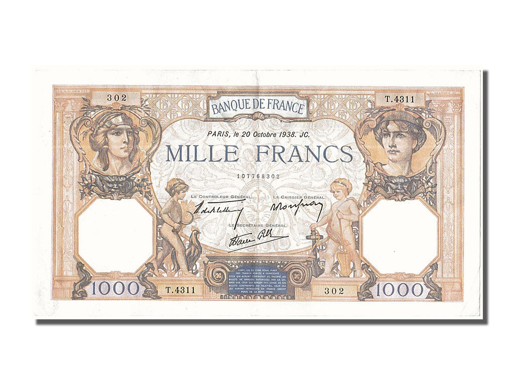 Biljet, Frankrijk, 500 Francs, 1 000 F 1927-1940 ''Cérès et Mercure'', 1938