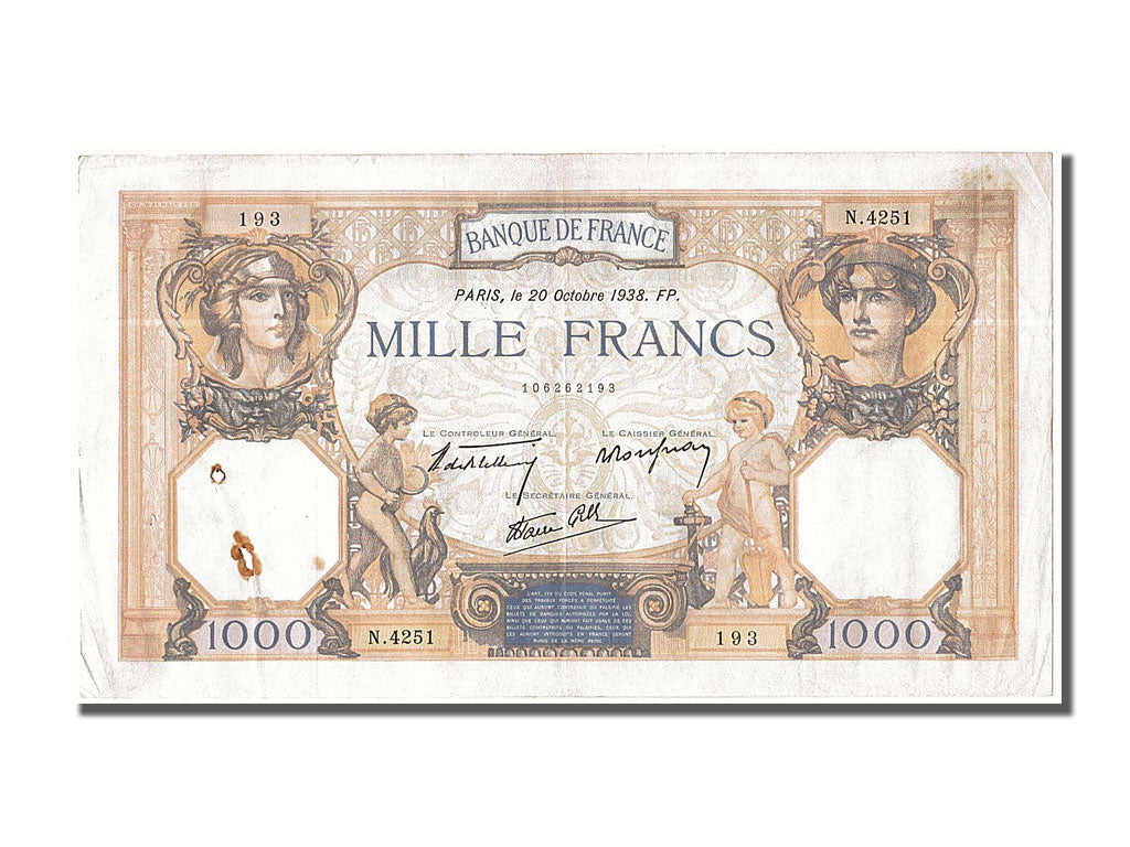 France, 500 Francs, 1 000 F 1927-1940 ''Cérès et Mercure'', 1938, KM #88c, 1...