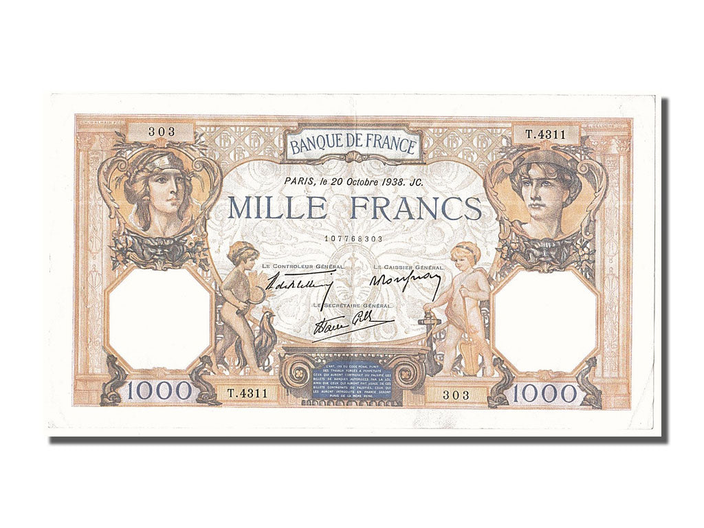 Billete, Francia, 500 Francs, 1 000 F 1927-1940 ''Cérès et Mercure'', 1938