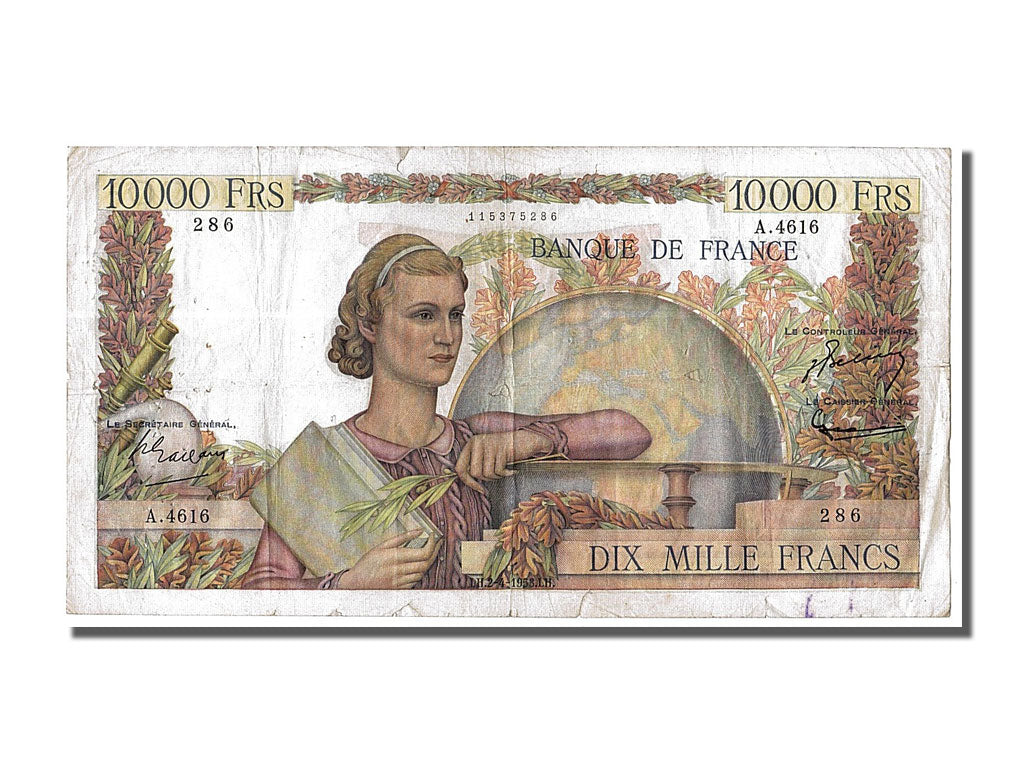 France, 10,000 Francs, 10 000 F 1945-1956 ''Génie Français'', 1953, KM #132d, 19