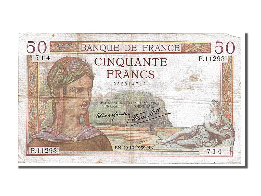 France, 50 Francs, 50 F 1934-1940 ''Cérès'', 1939, KM #85b, 1939-10-19, V...