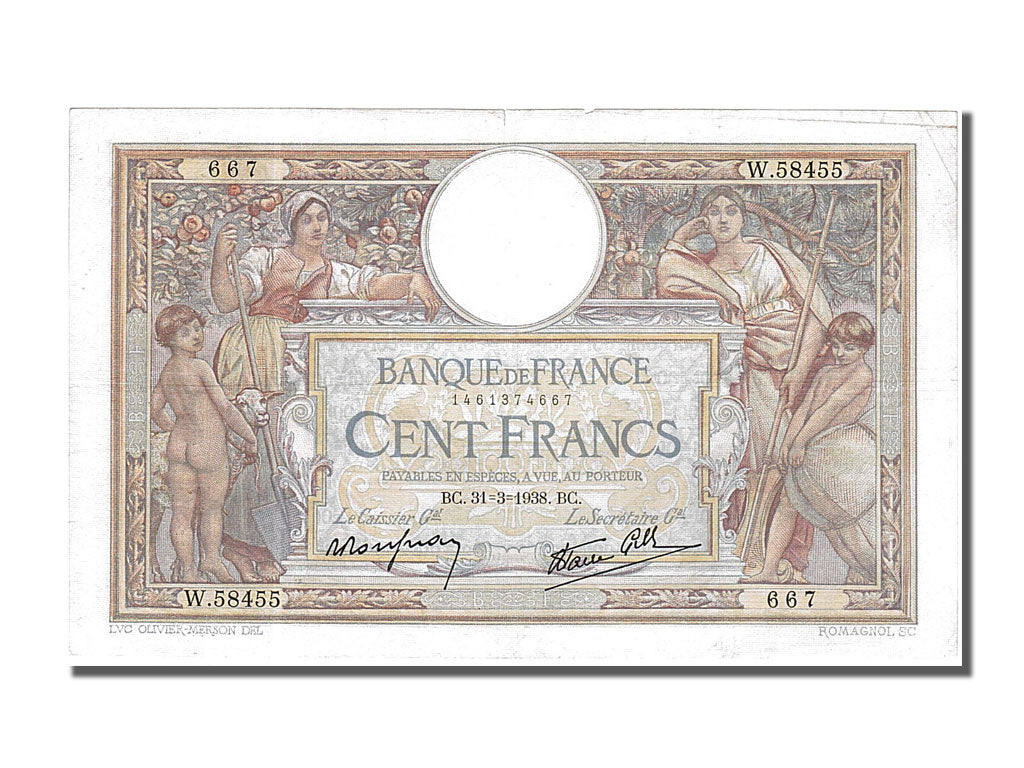 France, 100 Francs, 100 F 1908-1939 ''Luc Olivier Merson'', 1938, KM #86b,...