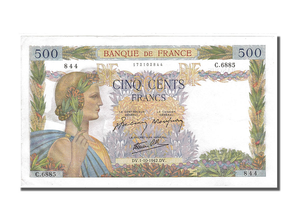 France, 500 Francs, 500 F 1940-1944 ''La Paix'', 1942, KM #95b, 1942-10-01,...