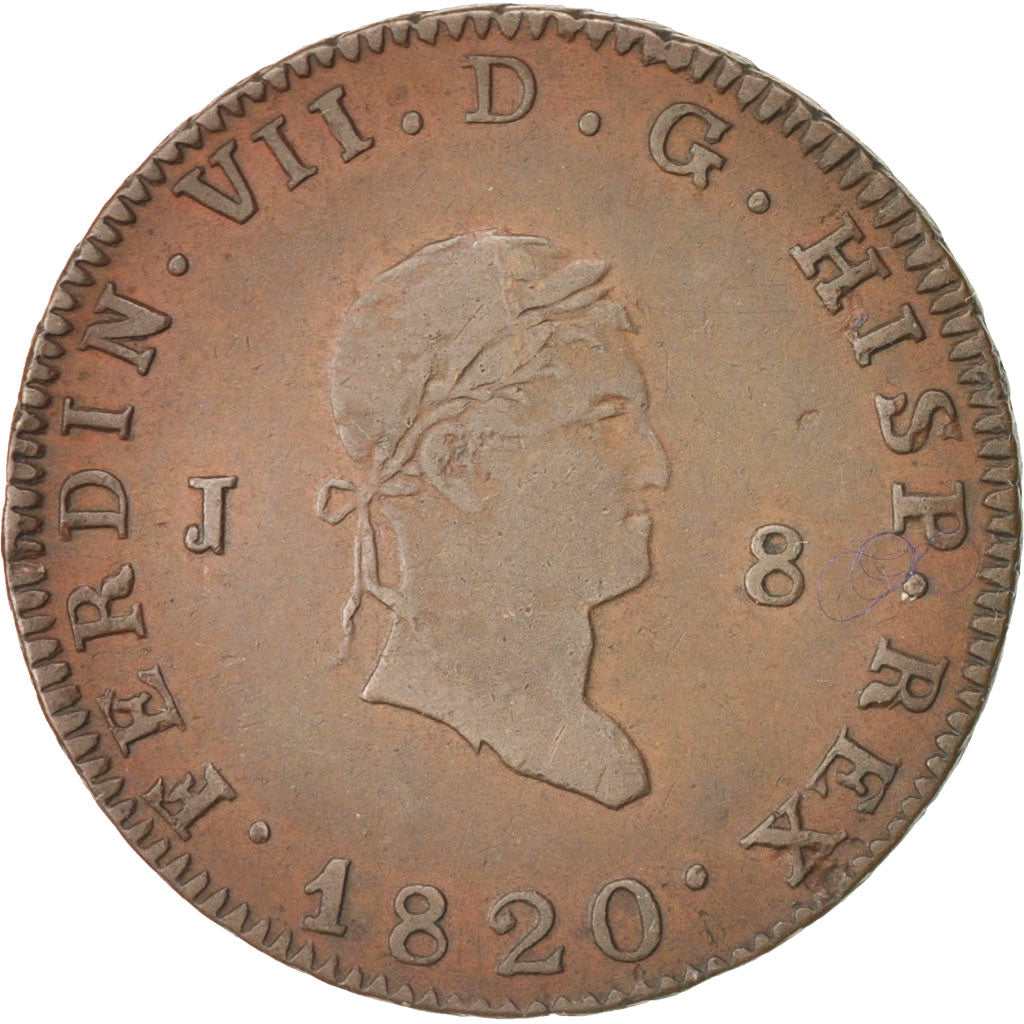 Spain, Ferdinand VII, 8 Maravedis, 1820, Jubia, EF(40-45), Copper, KM:491