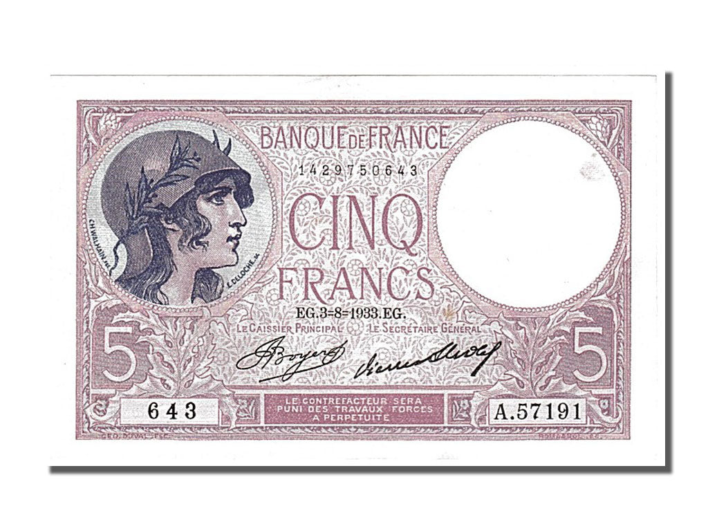 Banknote, France, 5 Francs, 5 F 1917-1940 ''Violet'', 1933, 1933-08-03