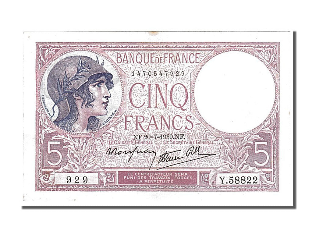France, 5 Francs, 5 F 1917-1940 ''Violet'', 1939, KM #83, 1939-07-20,...