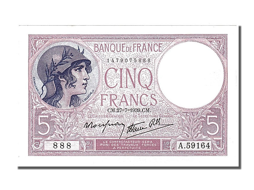 Biljet, Frankrijk, 5 Francs, 5 F 1917-1940 ''Violet'', 1939, 1939-07-27, SUP+