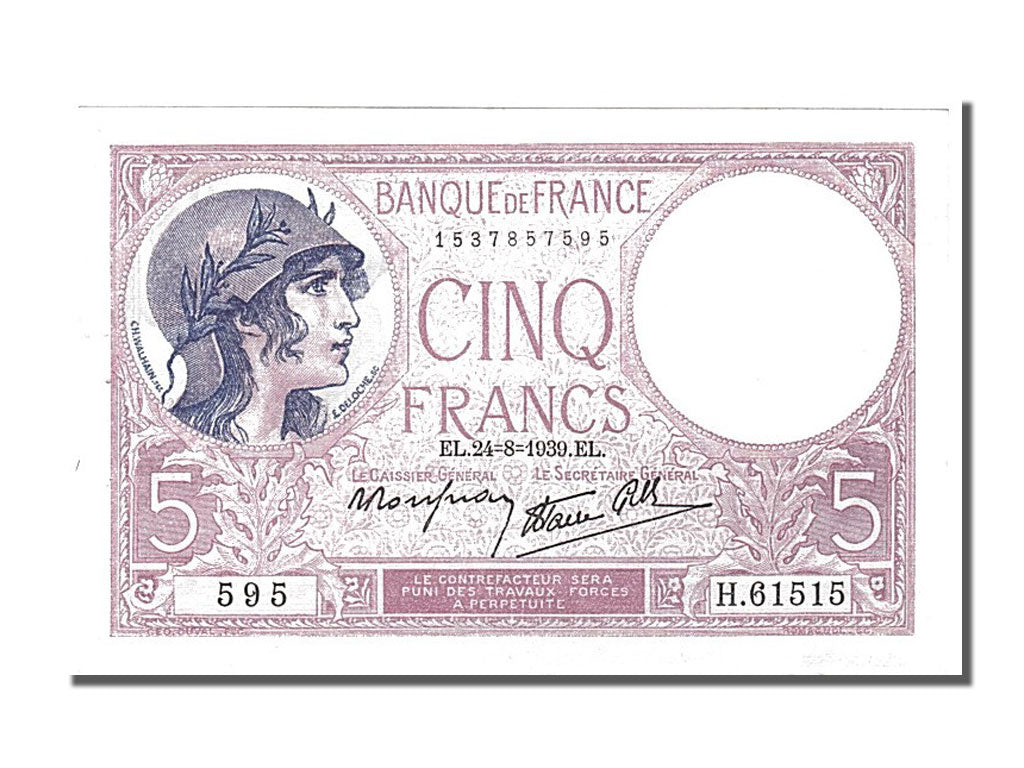 France, 5 Francs, 5 F 1917-1940 ''Violet'', 1939, KM #83, 1939-08-24,...