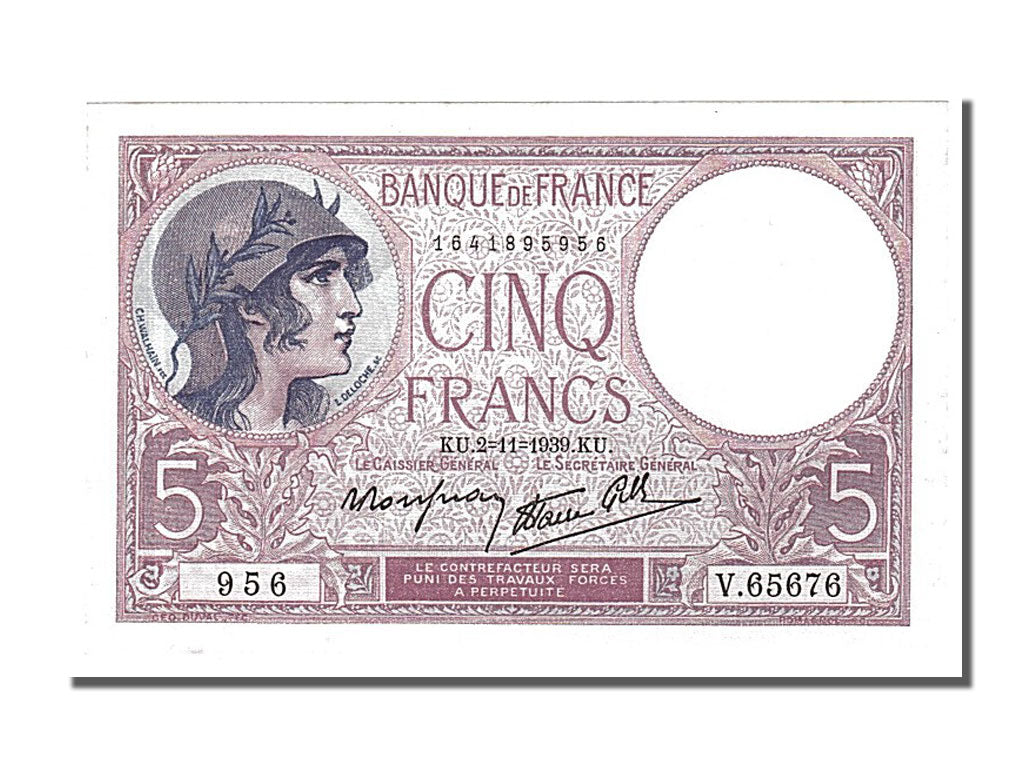 Billete, Francia, 5 Francs, 5 F 1917-1940 ''Violet'', 1939, 1939-11-02, SC