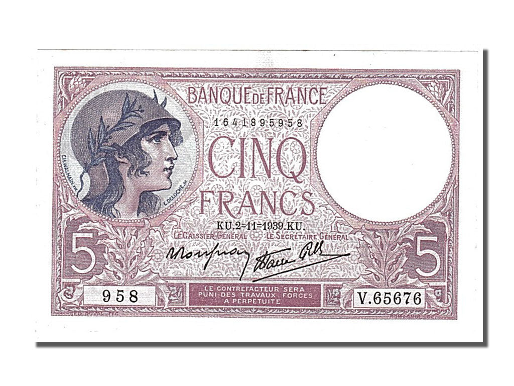 Banconote, Francia, 5 Francs, 5 F 1917-1940 ''Violet'', 1939, 1939-11-02, SPL