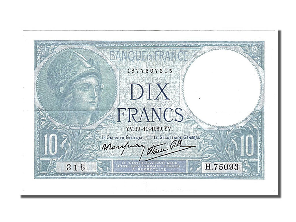 France, 10 Francs, 10 F 1916-1942 ''Minerve'', 1939, KM #84, 1939-10-19,...