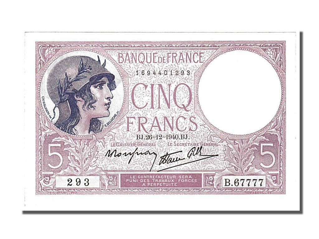 Billete, Francia, 5 Francs, 5 F 1917-1940 ''Violet'', 1940, 1940-12-26, EBC+
