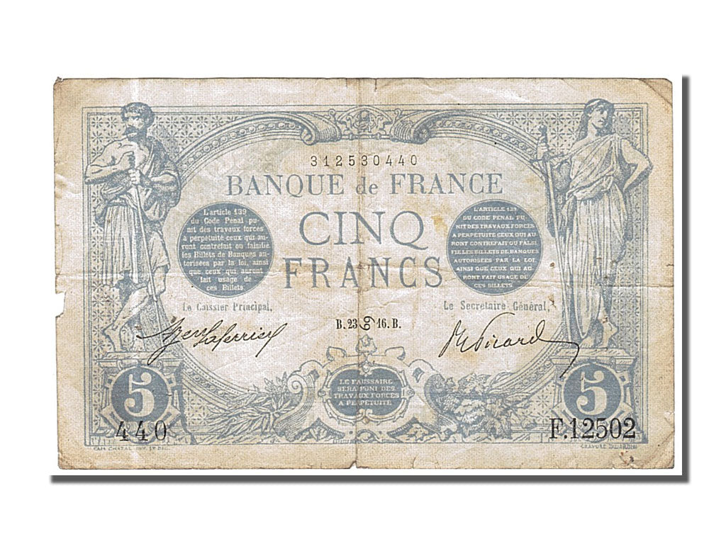 France, 5 Francs, 5 F 1912-1917 ''Bleu'', 1916, KM #70, 1916-06-23, F(12-15),...