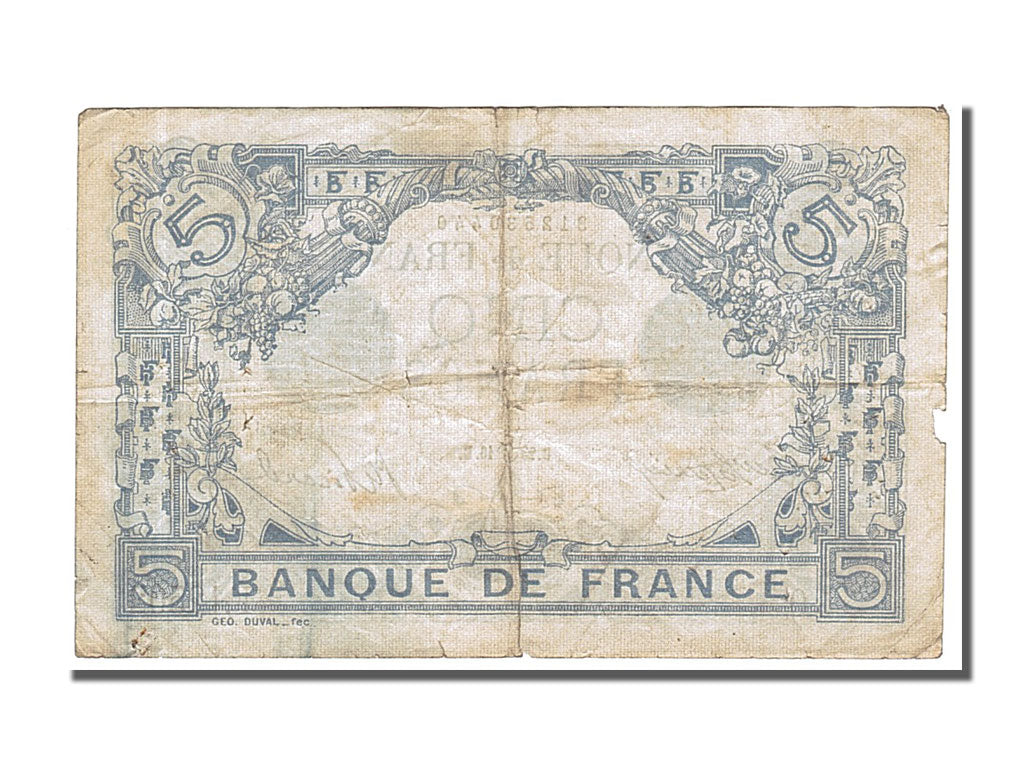 France, 5 Francs, 5 F 1912-1917 ''Bleu'', 1916, KM #70, 1916-06-23, F(12-15),...