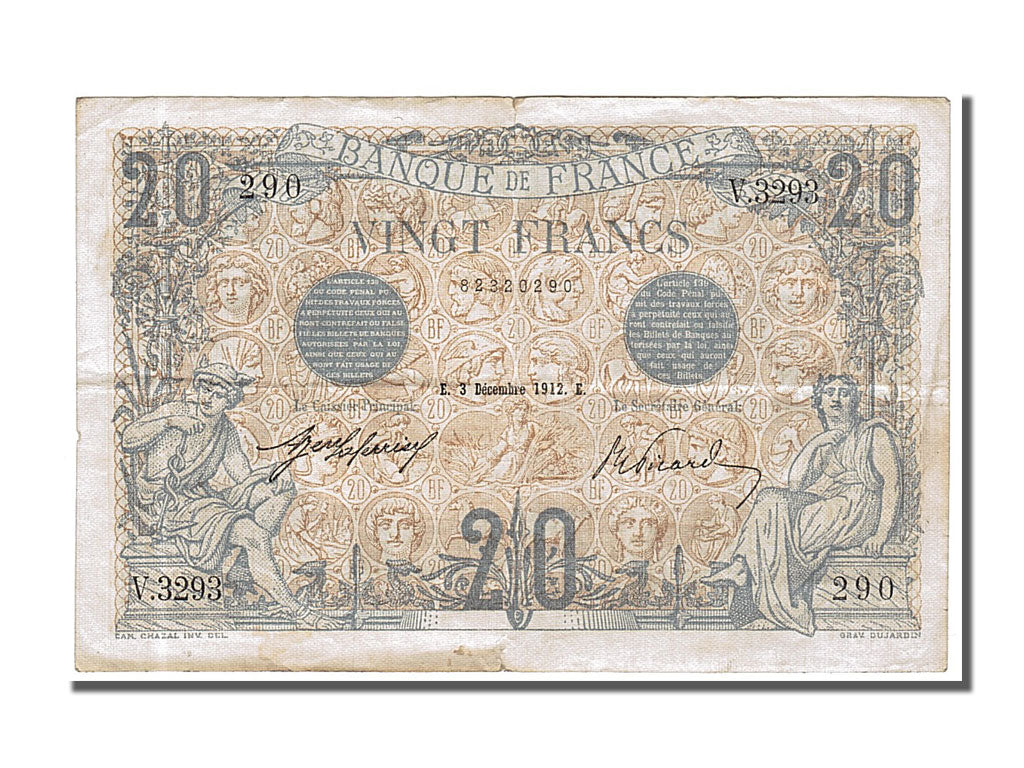 Geldschein, Frankreich, 20 Francs, 20 F 1905-1913 ''Bleu'', 1912, 1912-12-03