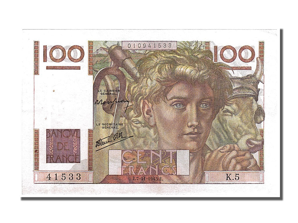 Geldschein, Frankreich, 100 Francs, 100 F 1945-1954 ''Jeune Paysan'', 1945
