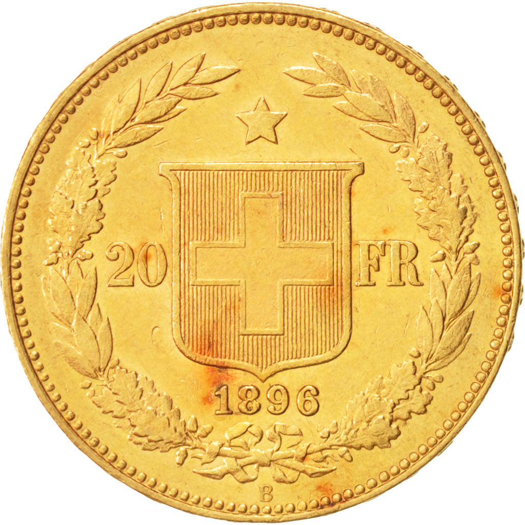 Switzerland, 20 Francs, 1896, Bern, AU(55-58), Gold, KM:31.3