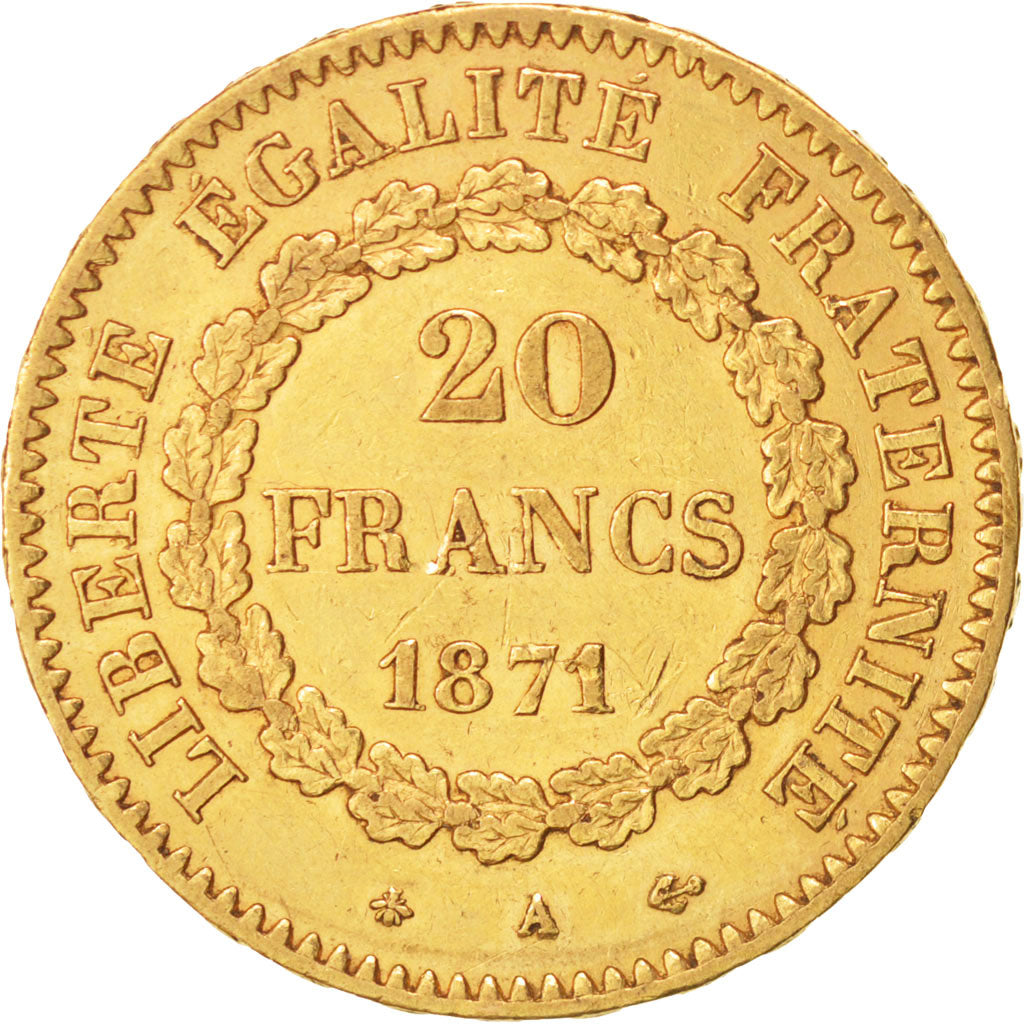 France, Génie, 20 Francs, 1871, Paris, AU(50-53), Gold, KM:825, Gadoury:1063