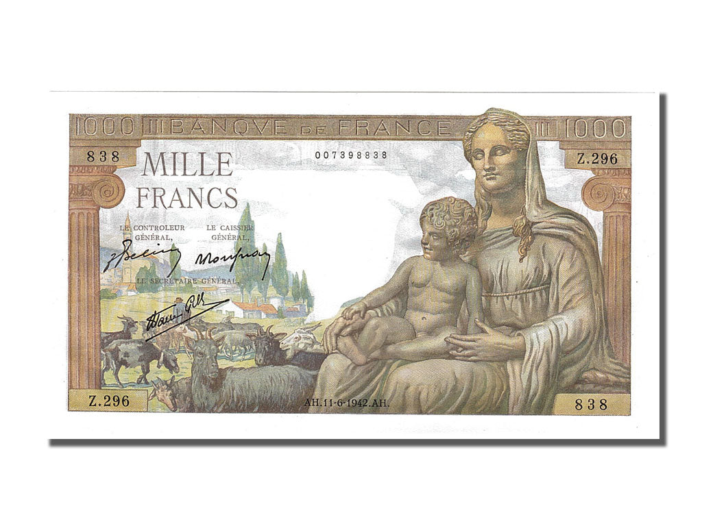 France, 1000 Francs, 1 000 F 1942-1943 ''Déesse Déméter'', 1942, KM #102, 194...