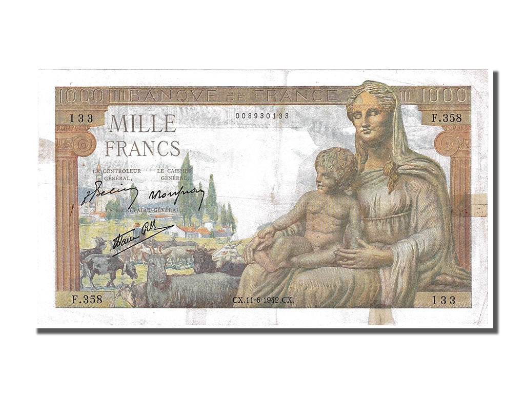 France, 1000 Francs, 1 000 F 1942-1943 ''Déesse Déméter'', 1942, KM #102, 194...