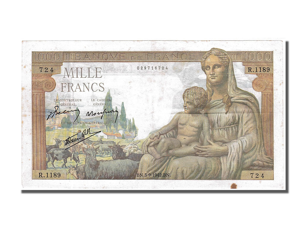 France, 1000 Francs, 1 000 F 1942-1943 ''Déesse Déméter'', 1942, KM #102, 194...