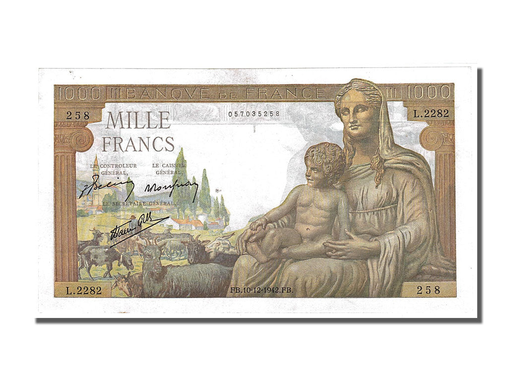 France, 1000 Francs, 1 000 F 1942-1943 ''Déesse Déméter'', 1942, KM #102, 194...
