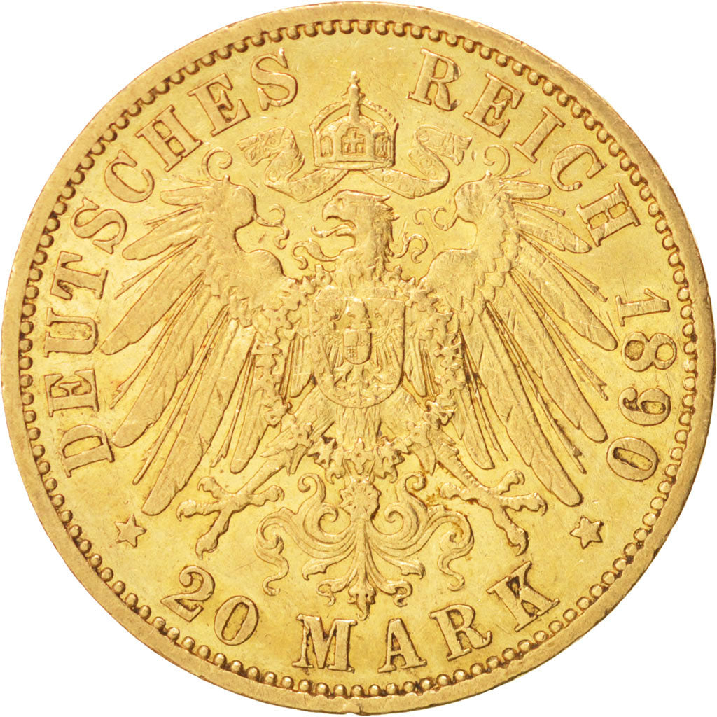 German States, PRUSSIA, Wilhelm II, 20 Mark, 1890, Berlin, AU(50-53),Gold,KM 521