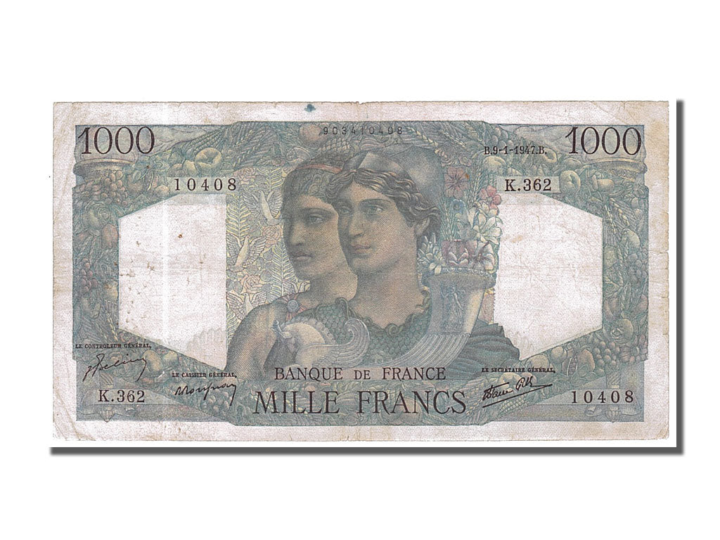 Francia, 1000 Francs, 1 000 F 1945-1950 ''Minerve et Hercule'', 1947, KM:130a...