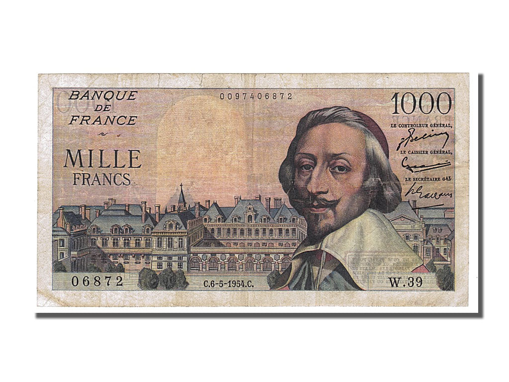 France, 1000 Francs, 1 000 F 1953-1957 ''Richelieu'', 1954, KM #134a,...