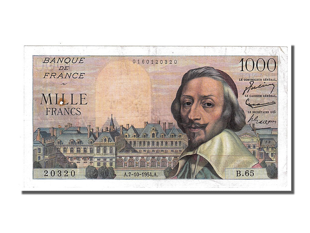 France, 1000 Francs, 1 000 F 1953-1957 ''Richelieu'', 1954, KM #134a,...