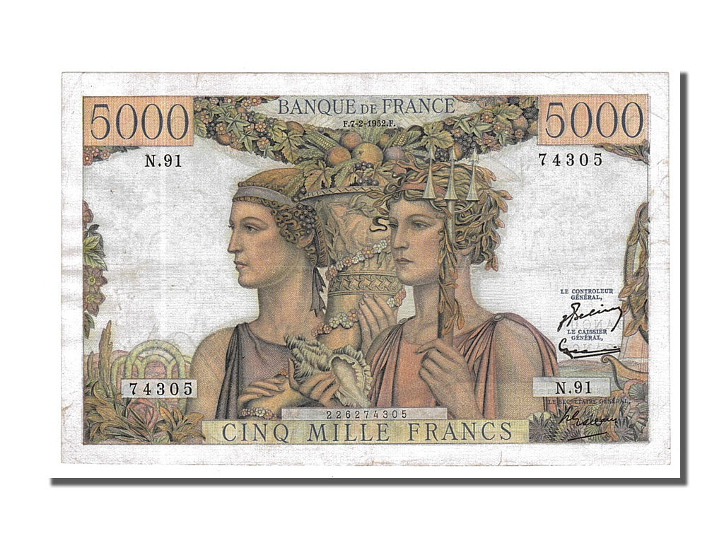 France, 5000 Francs, 5 000 F 1949-1957 ''Terre et Mer'', 1952, KM #131c,...