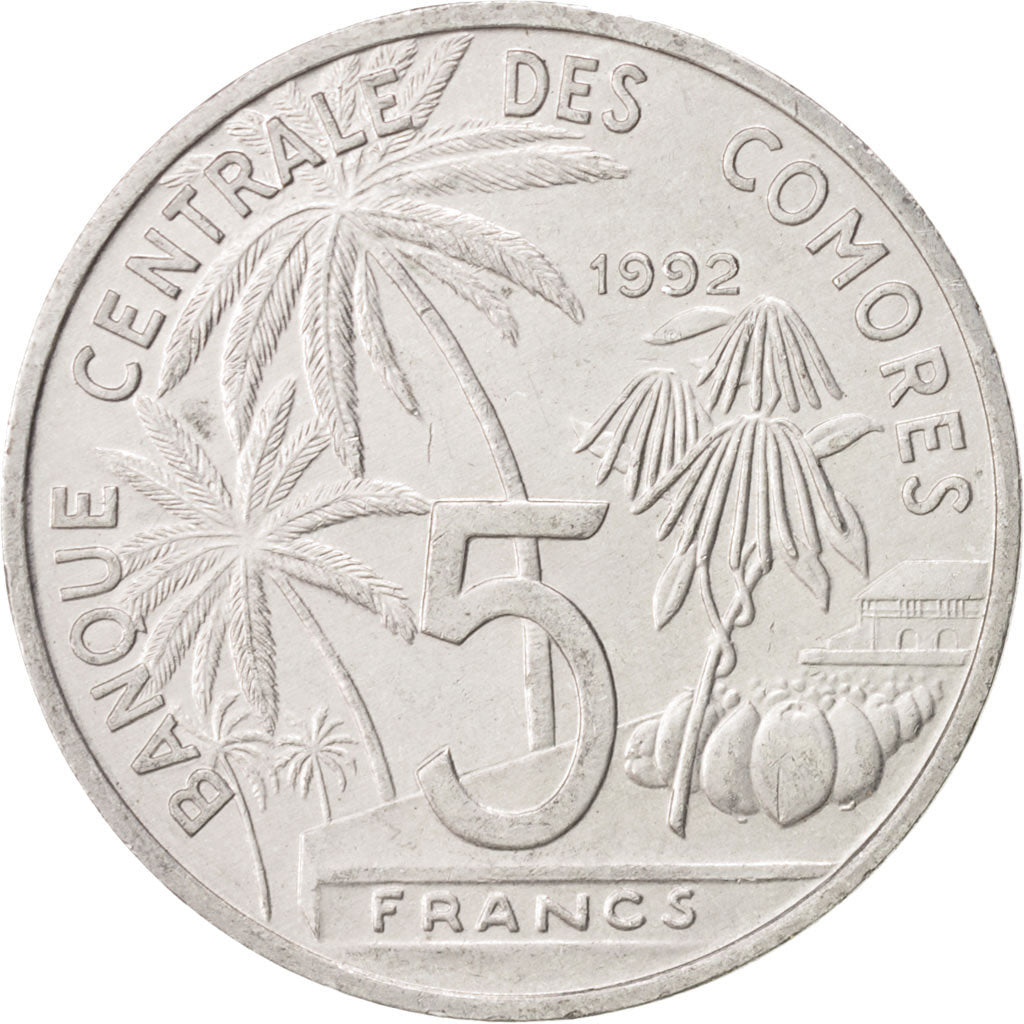 Comoros, 5 Francs, 1992, Paris, AU(55-58), Aluminum, KM:15