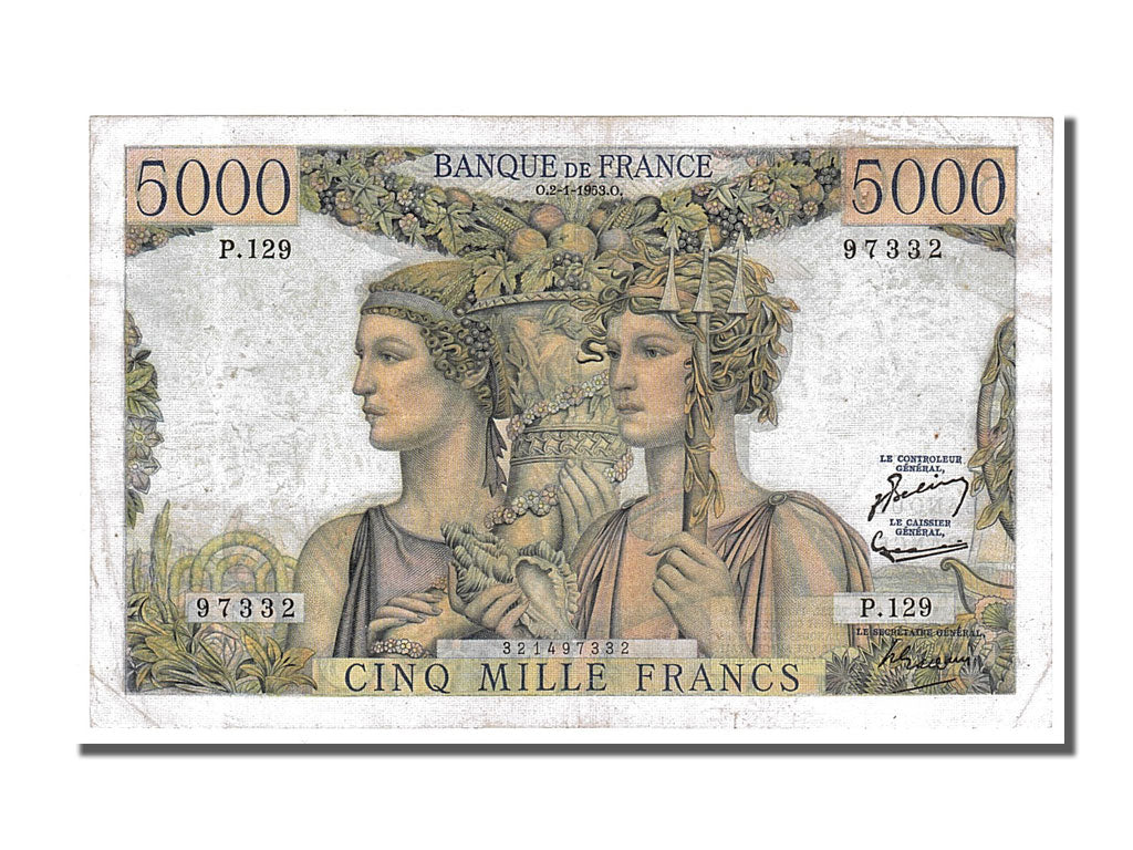 France, 5000 Francs, 5 000 F 1949-1957 ''Terre et Mer'', 1953, KM #131c,...