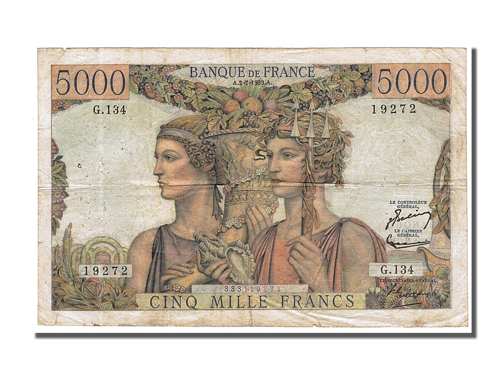 Francia, 5000 Francs, 5 000 F 1949-1957 ''Terre et Mer'', 1953, KM:131c, 1953...
