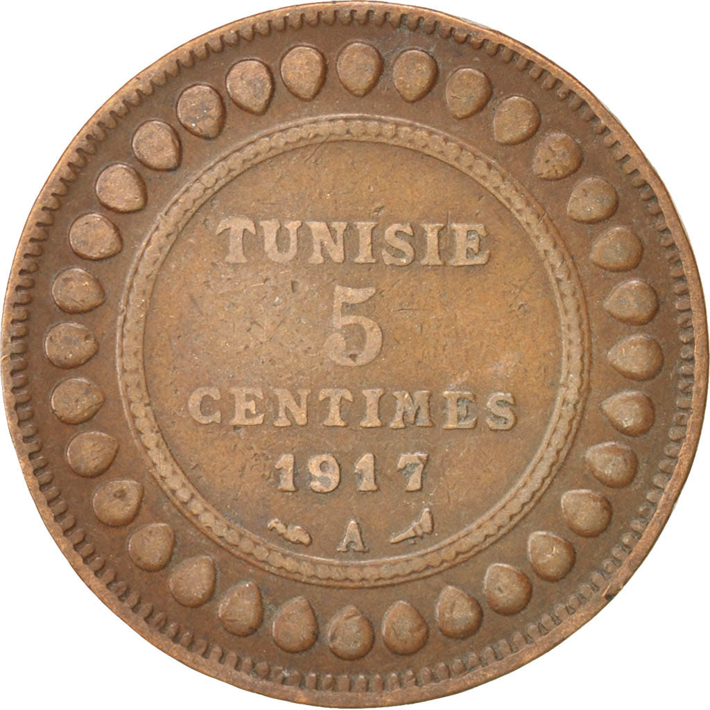 Coin, Tunisia, Muhammad al-Nasir Bey, 5 Centimes, 1917, Paris, EF(40-45)