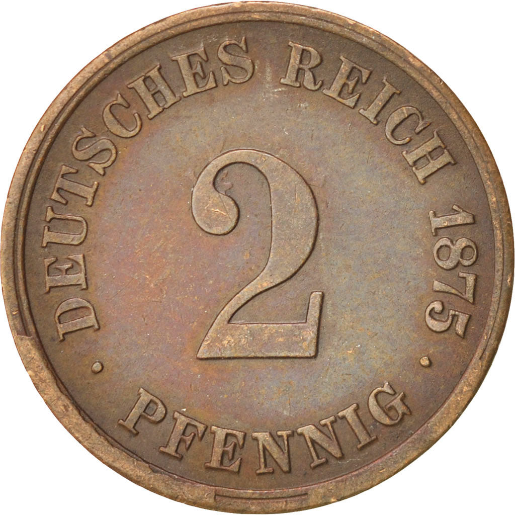 GERMANY - EMPIRE, Wilhelm I, 2 Pfennig, 1875, Darmstadt, EF(40-45), Copper, KM:2