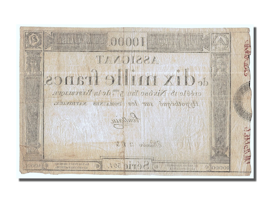 France, 10,000 Francs, 1795, graded, PMG, 1910690-002, VF(20-25), KM:A82