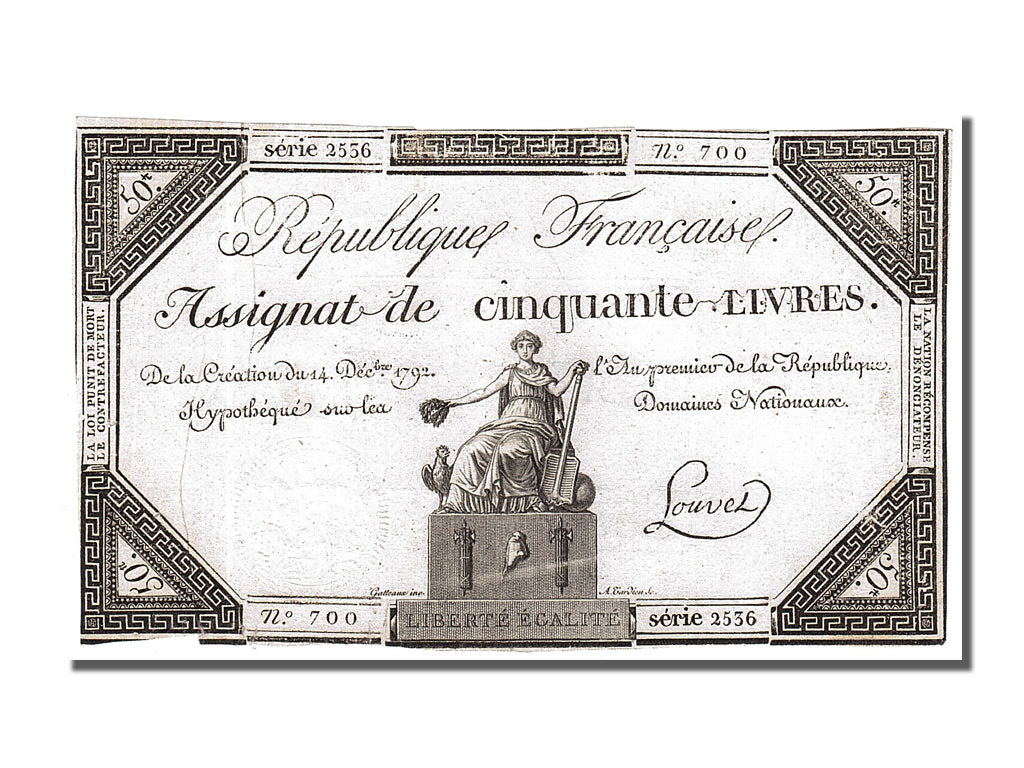 FRANCE, 50 Livres, 1792, 1792-12-14, VF(30-35), Lafaurie #164, FRANCE, 50...