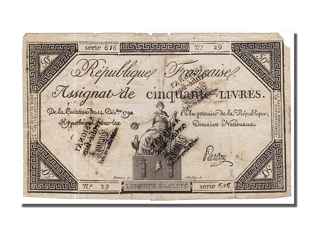FRANCE, 50 Livres, 1792, 1792-12-14, VF(20-25), Lafaurie #164, FRANCE, 50...