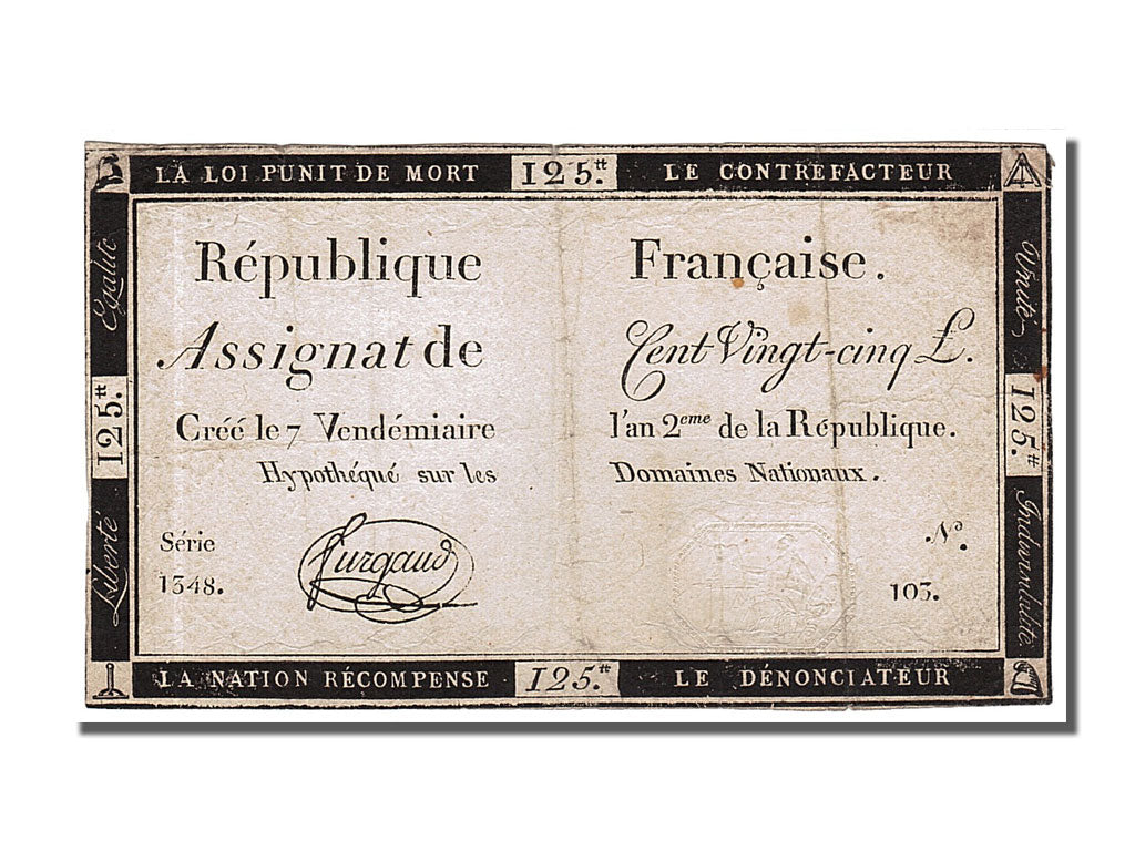 FRANCE, 125 Livres, 1793, 1793-09-28, EF(40-45), Lafaurie #169, FRANCE, 125...