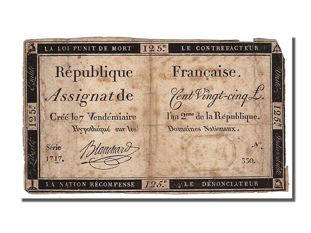France, 125 Livres, 1793, KM #A74, 1793-09-28, VF(20-25), Lafaurie #169,...