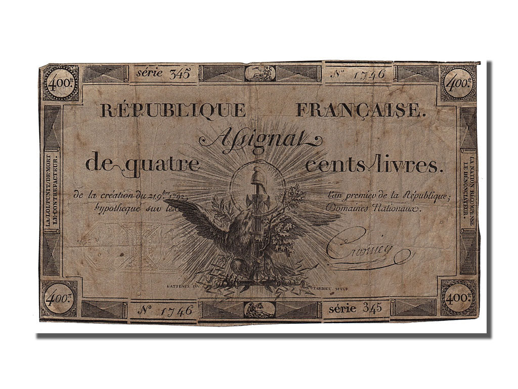 FRANCE, 400 Livres, 1792, 1792-11-21, VF(30-35), Lafaurie #163, FRANCE, 400...