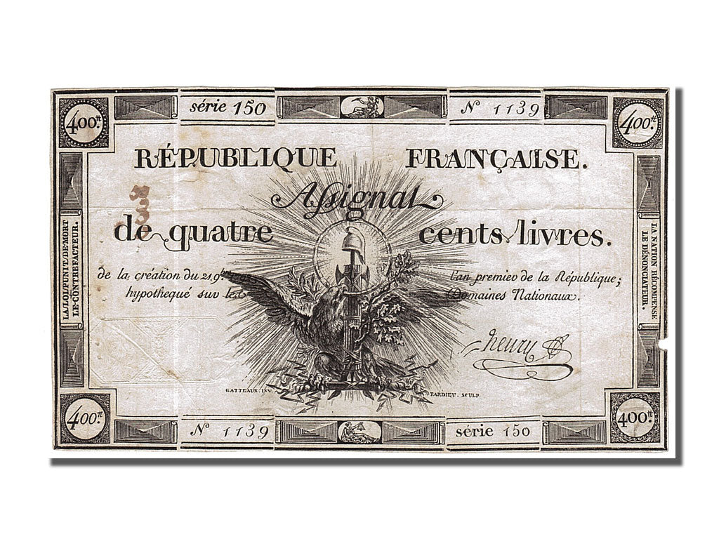 Billete, Francia, 400 Livres, 1792, Henry, MBC, KM:A73, Lafaurie:163
