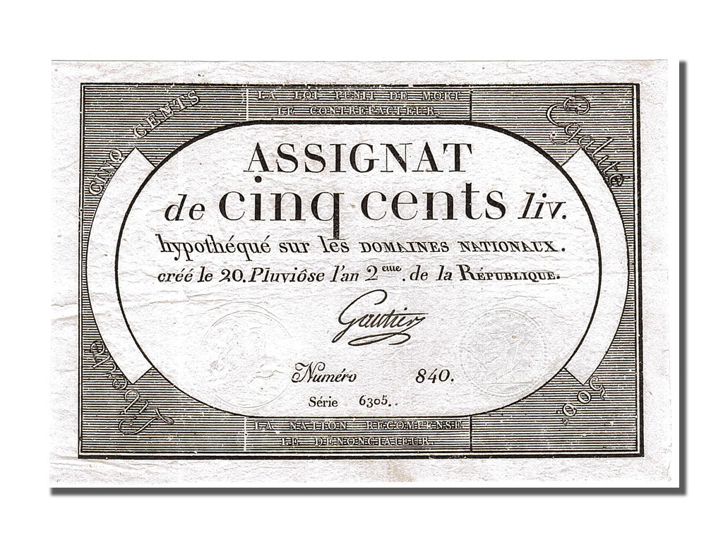FRANCE, 500 Livres, 1794, 1794-02-08, AU(55-58), Lafaurie #172, FRANCE, 500...