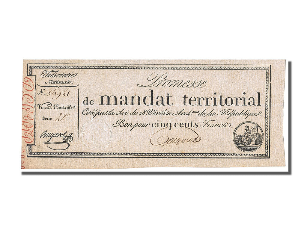 France, 500 Francs, 1796, KM #A86b, 1796-03-18, AU(55-58), Lafaurie #203,...