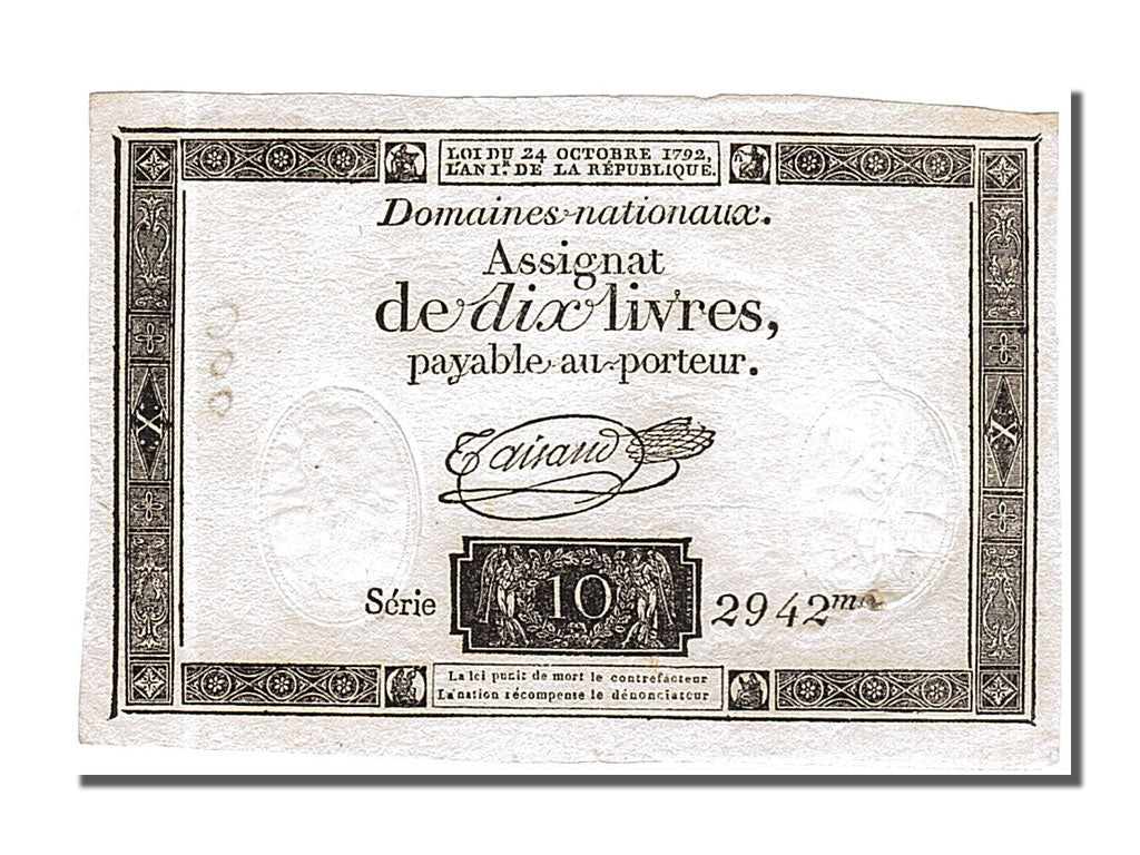 Banknote, France, 10 Livres, 1792, Taisaud, UNC(63), KM:A66a, Lafaurie:161.a