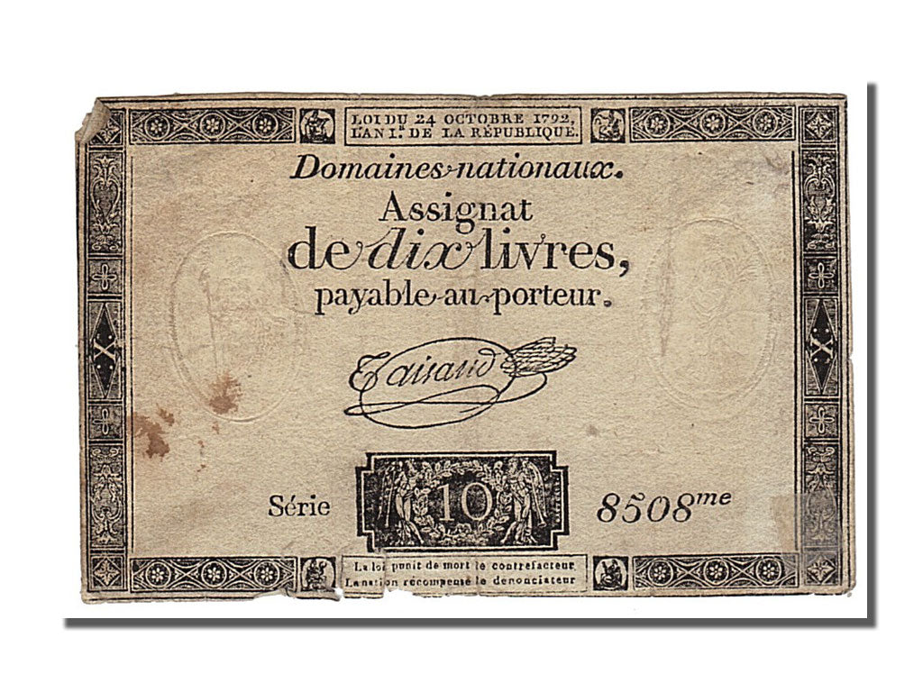 FRANCE, 10 Livres, 1792, 1792-10-24, VF(20-25), Lafaurie #161.b, FRANCE, 10...